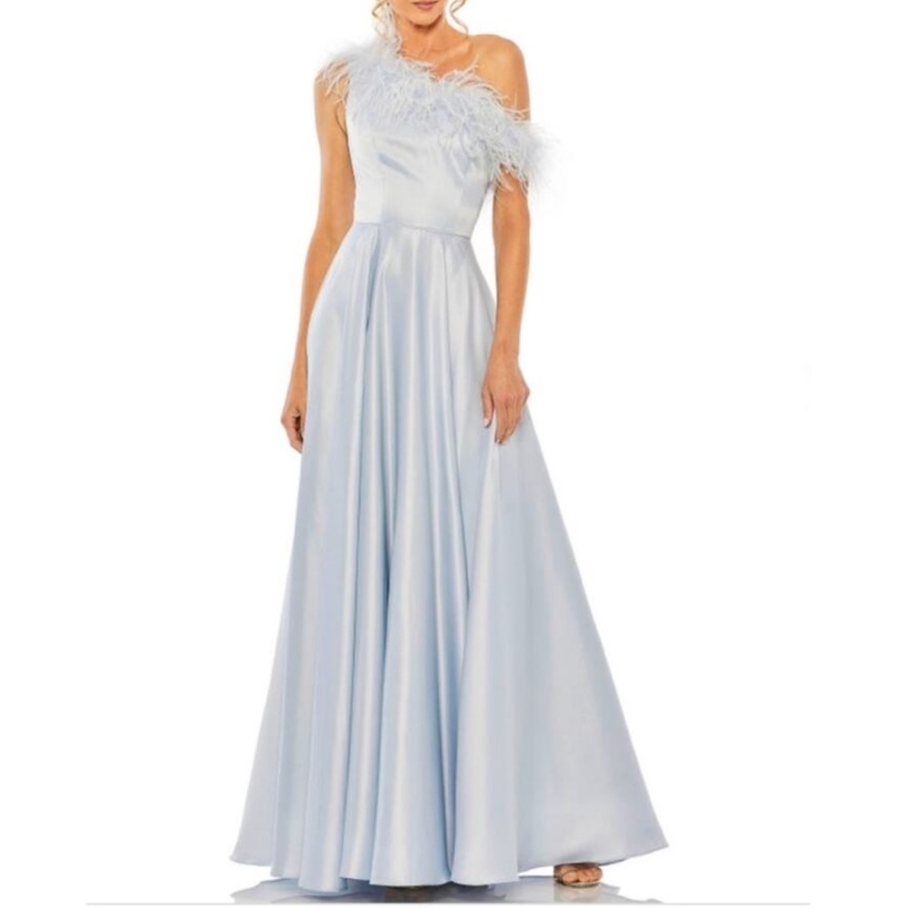 Mac Duggal Powder Blue Asymmetrical Neckline Feather Prom Dress - Reemoly